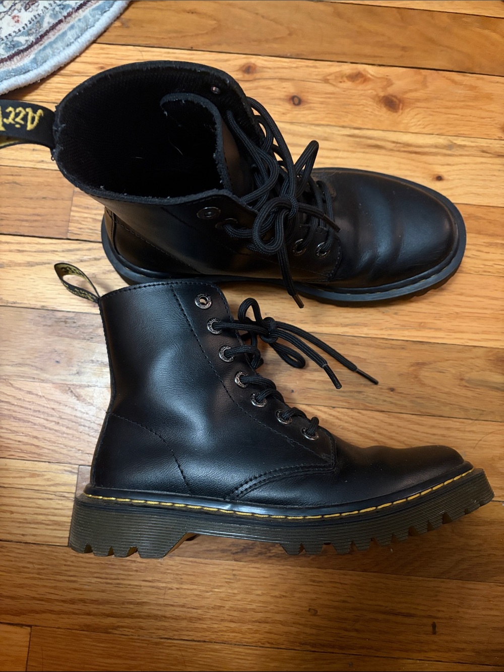 Dr. Martens Black Leather Lace-Up Combat Boots with Yellow Welt Stitch